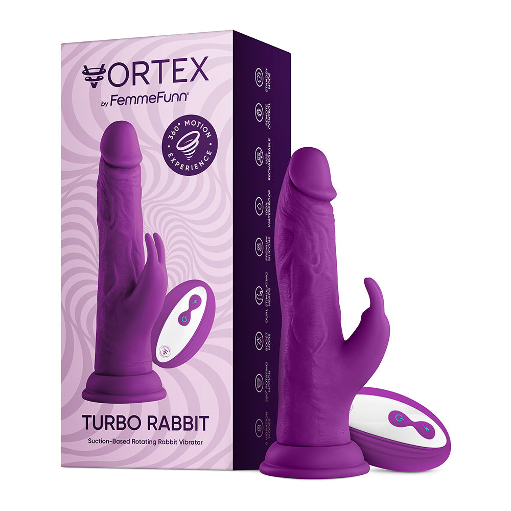 FEMMEFUNN VORTEX TURBO RABBIT 2.0 8 IN. DUAL STIMULATION VIBRATING DILDO PURPLE