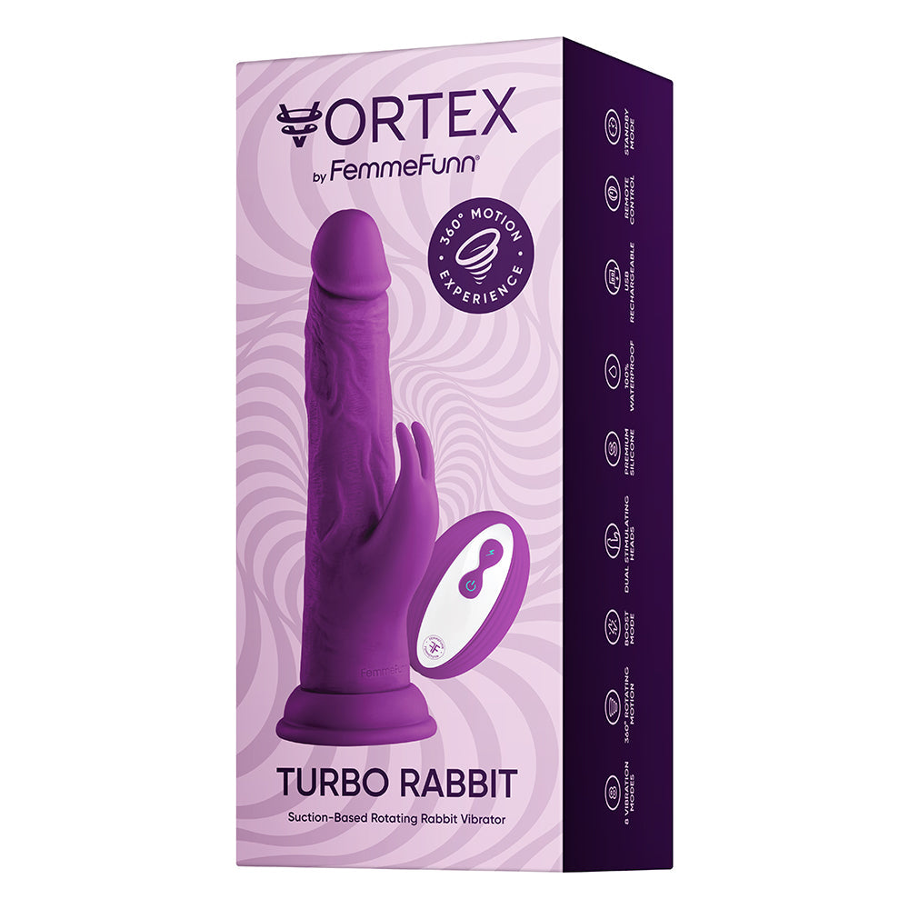 FEMMEFUNN VORTEX TURBO RABBIT 2.0 8 IN. DUAL STIMULATION VIBRATING DILDO PURPLE