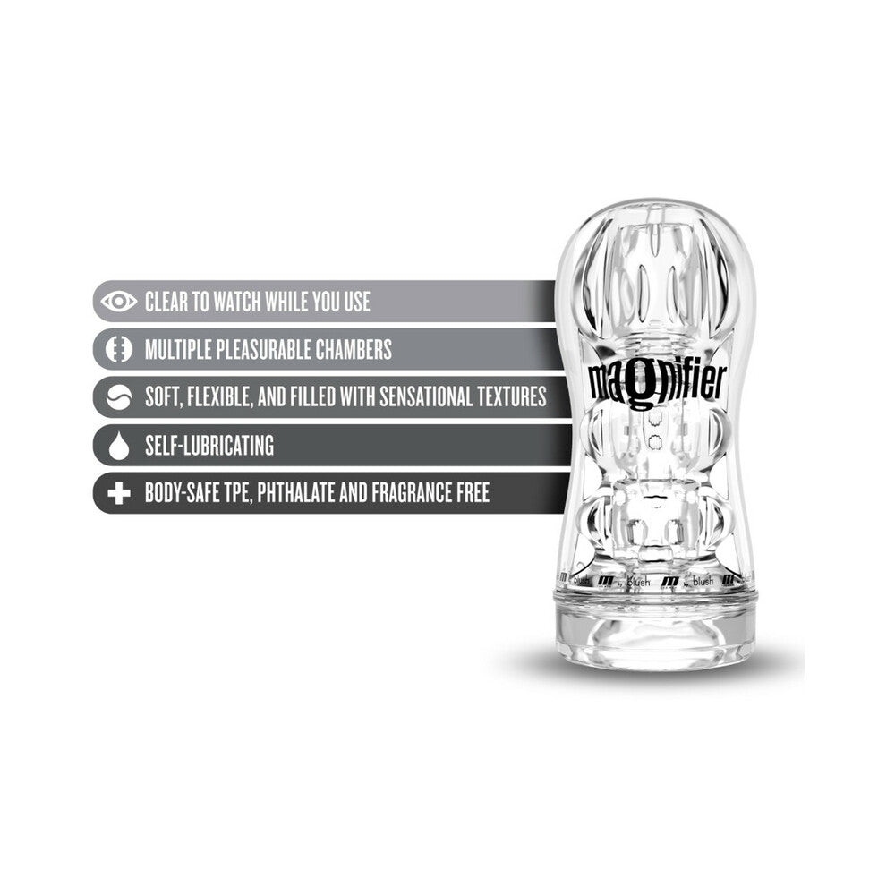 M FOR MEN SOFT + WET MAGNIFIER SELF-LUBRICATING SEE-THROUGH STROKER CLEAR