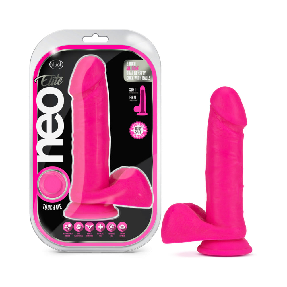BLUSH - NEO ELITE DILDO DE SILICONA DE DOBLE DENSIDAD DE 8 PULGADAS CON TESTÍCULOS, ROSA NEÓN