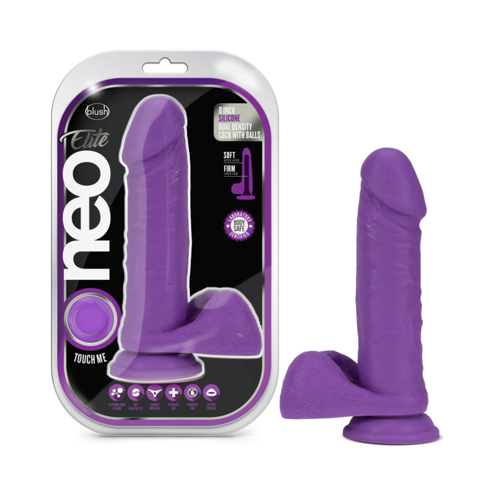 NEO ELITE 8 IN. SILICONE DUAL DENSITY DILDO WITH BALLS NEON PURPLE