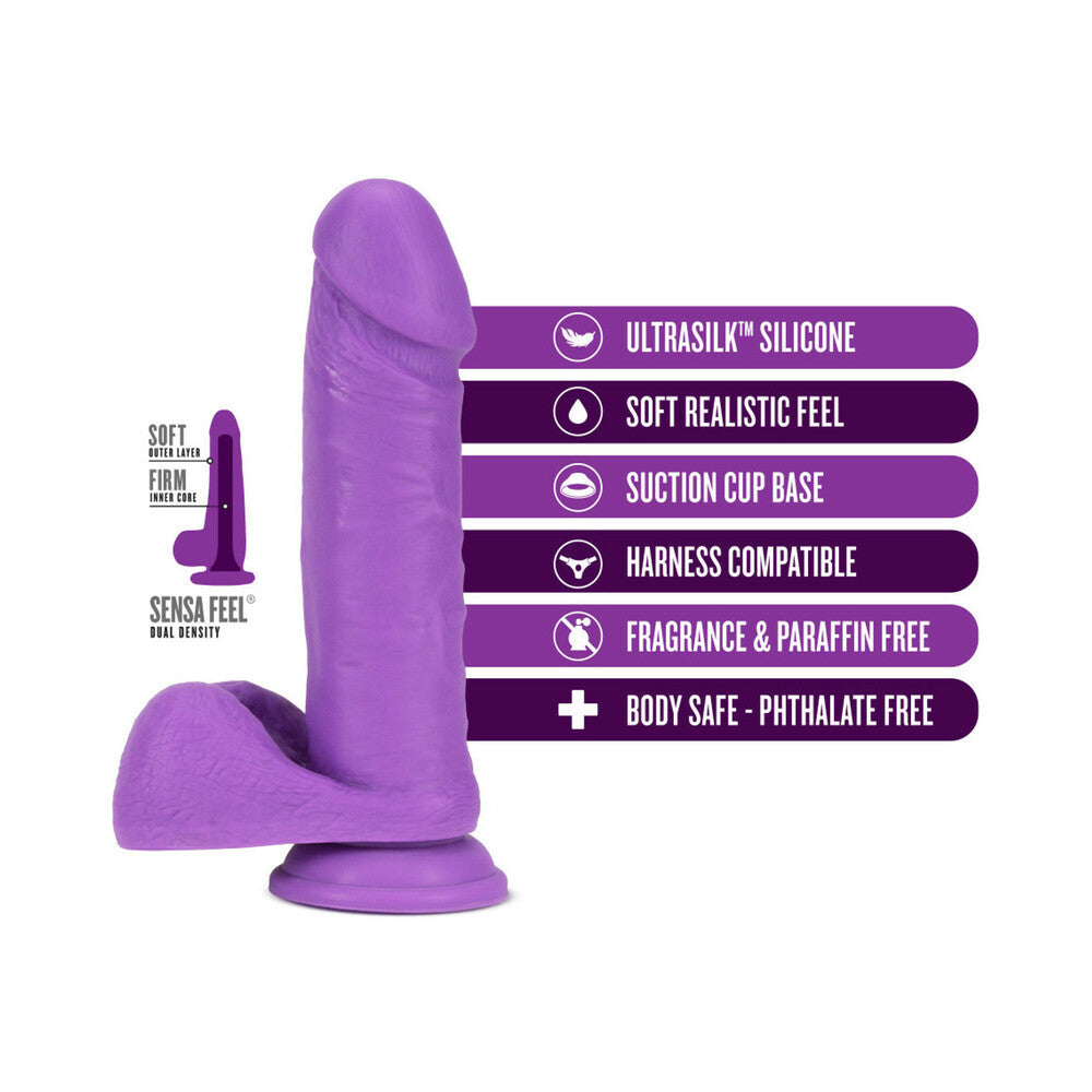 NEO ELITE 8 IN. SILICONE DUAL DENSITY DILDO WITH BALLS NEON PURPLE