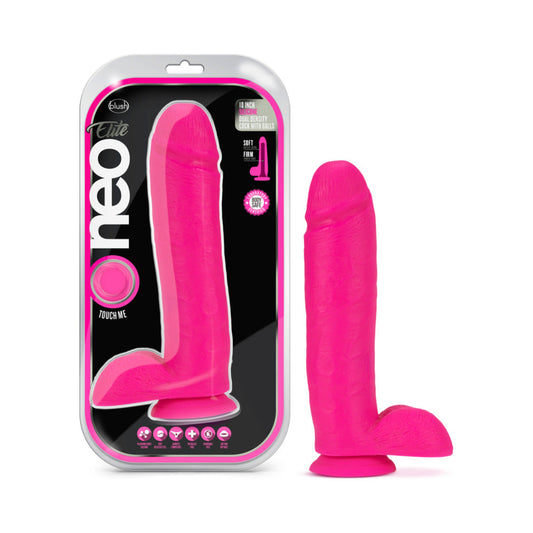 BLUSH - NEO ELITE 10 IN. SILICONE DUAL DENSITY DILDO WITH BALLS NEON PINK