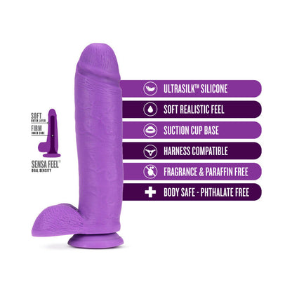 BLUSH - NEO ELITE 10 IN. SILICONE DUAL DENSITY DILDO WITH BALLS & SUCTION CUP NEON PURPLE