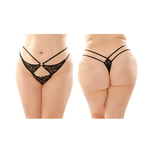 FANTASY LINGERIE JASMINE STRAPPY LACE THONG WITH FRONT KEYHOLE CUTOUT 6-PACK QUEEN SIZE BLACK