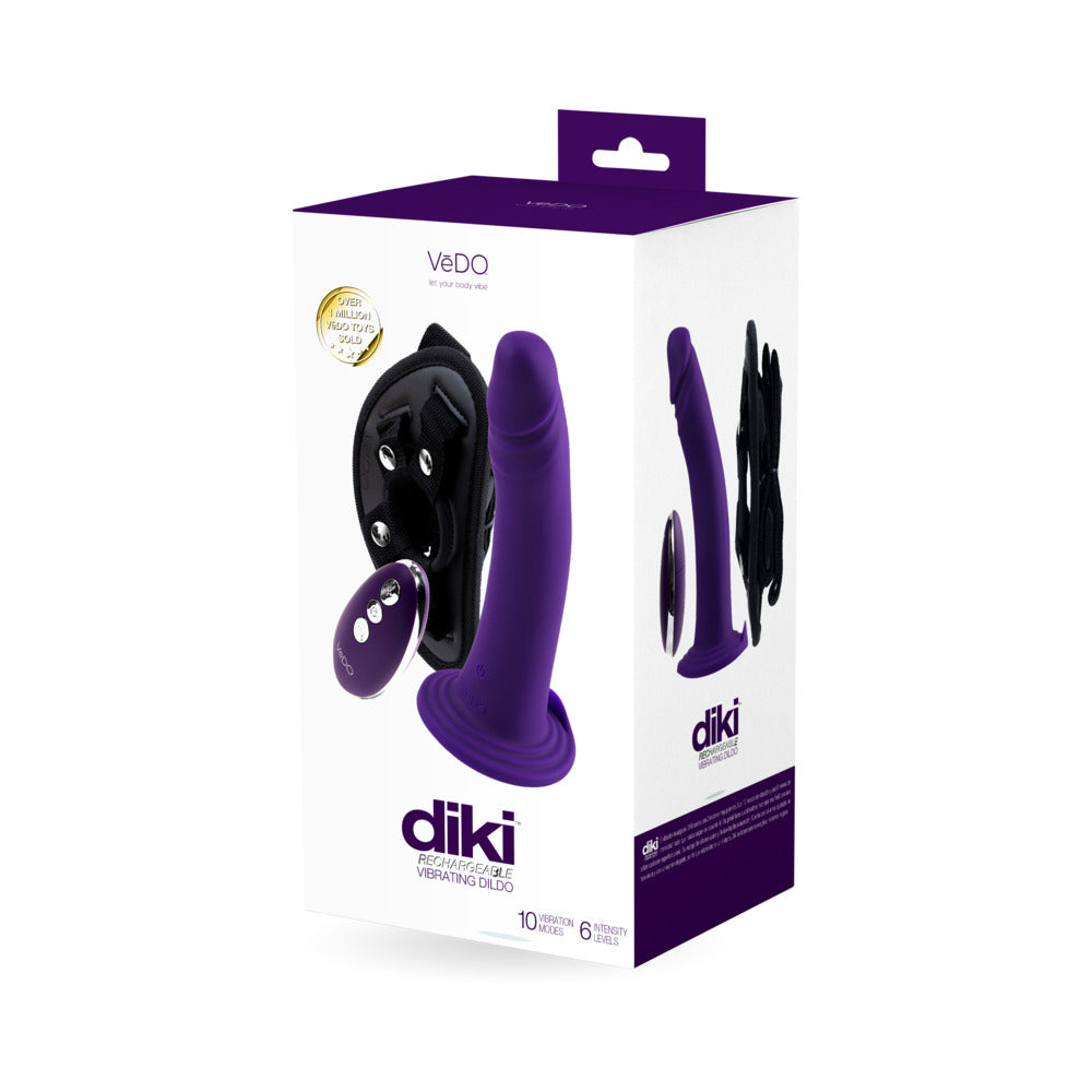 VEDO DIKI RECHARGEABLE VIBRATING DILDO WITH HARNESS DEEP PURPLE
