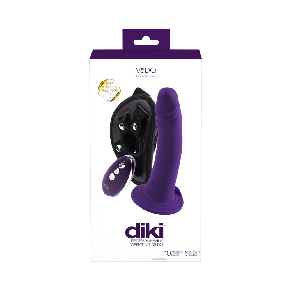 VEDO DIKI RECHARGEABLE VIBRATING DILDO WITH HARNESS DEEP PURPLE