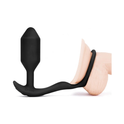 B-VIBE VIBRATING SNUG & TUG RECHARGEABLE WEIGHTED SILICONE ANAL PLUG WITH COCKRING MEDIUM BLACK