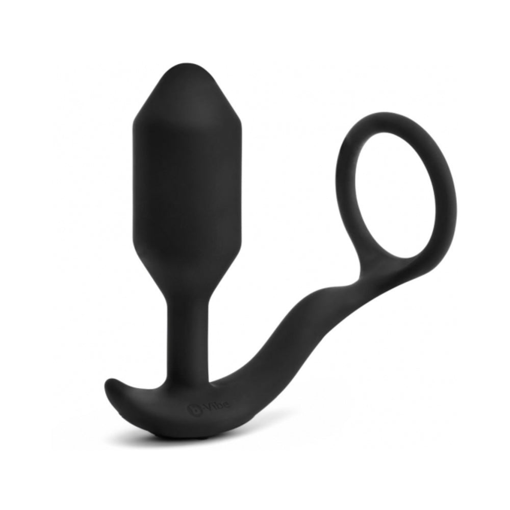 B-VIBE - VIBRATING SNUG & TUG RECHARGEABLE WEIGHTED SILICONE ANAL PLUG WITH COCKRING MEDIUM BLACK