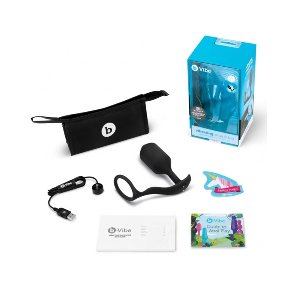 B-VIBE VIBRATING SNUG & TUG RECHARGEABLE WEIGHTED SILICONE ANAL PLUG WITH COCKRING XL BLACK
