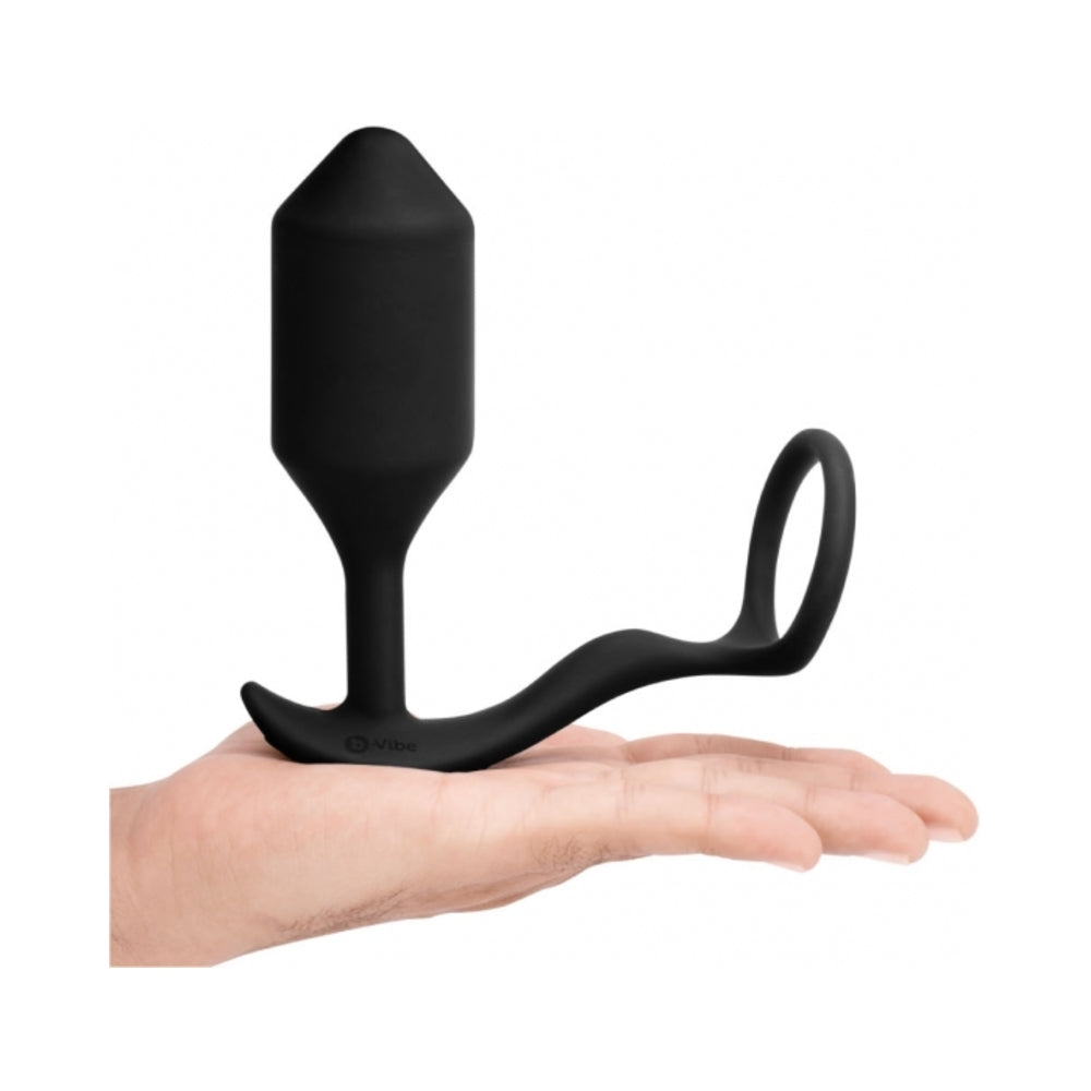 B-VIBE - VIBRATING SNUG & TUG RECHARGEABLE WEIGHTED SILICONE ANAL PLUG WITH COCKRING XL BLACK