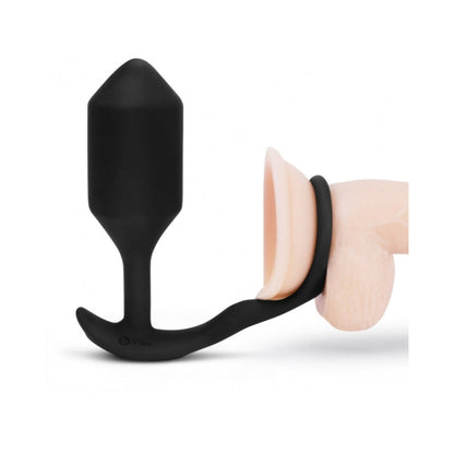 B-VIBE - VIBRATING SNUG & TUG RECHARGEABLE WEIGHTED SILICONE ANAL PLUG WITH COCKRING XL BLACK
