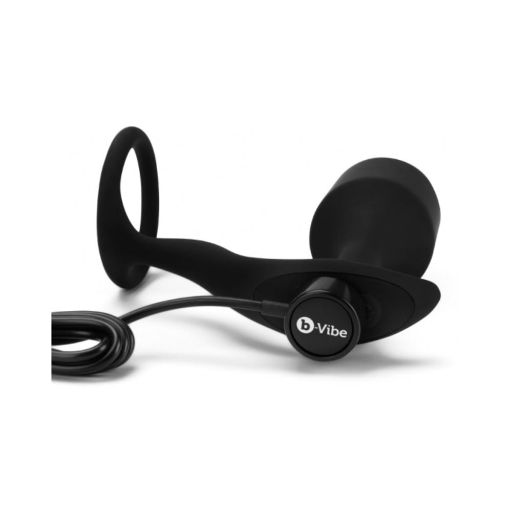 B-VIBE VIBRATING SNUG & TUG RECHARGEABLE WEIGHTED SILICONE ANAL PLUG WITH COCKRING XL BLACK