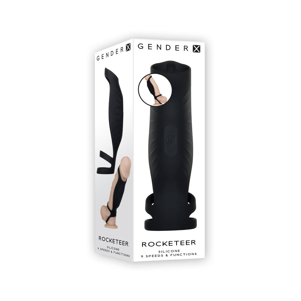 GENDER X - FUNDA DE SILICONA VIBRATORIA RECARGABLE DE TRIPLE ANILLO PARA PENE ROCKETEER NEGRA