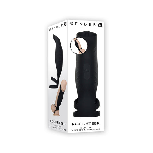GENDER X - ROCKETEER RECHARGEABLE TRIPLE-RING VIBRATING SILICONE PENIS SHEATH BLACK