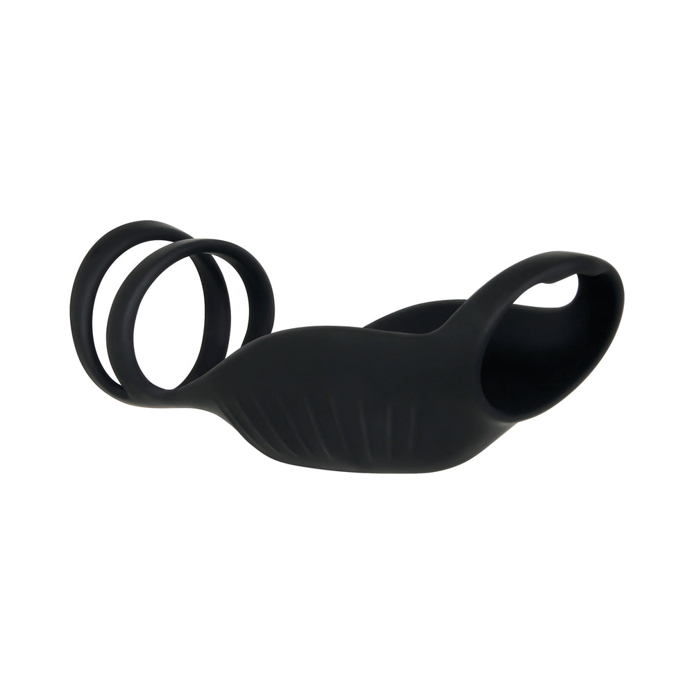 GENDER X ROCKETEER RECHARGEABLE TRIPLE-RING VIBRATING SILICONE PENIS SHEATH BLACK