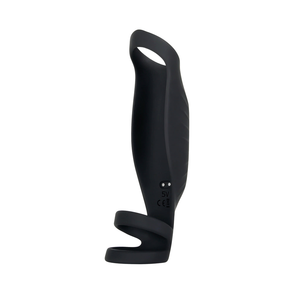 GENDER X ROCKETEER RECHARGEABLE TRIPLE-RING VIBRATING SILICONE PENIS SHEATH BLACK