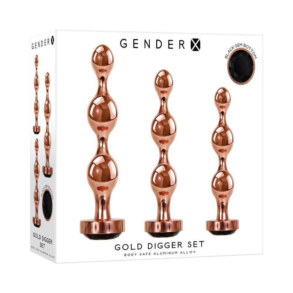 GENDER X - GOLD DIGGER 3-PIECE ROSE GOLD BEADED ANAL PLUG WITH BLACK GEMSTONE BASE SET