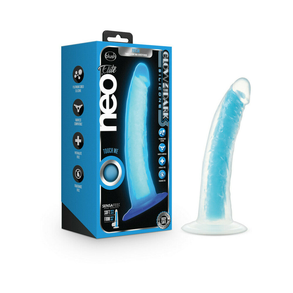 NEO ELITE GLOW IN THE DARK PRYSM 7 IN. SILICONE DUAL DENSITY DILDO NEON BLUE