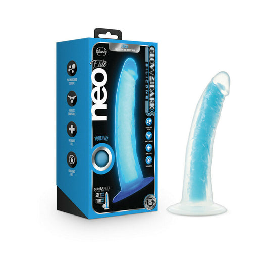NEO ELITE GLOW IN THE DARK PRYSM 7 IN. SILICONE DUAL DENSITY DILDO NEON BLUE