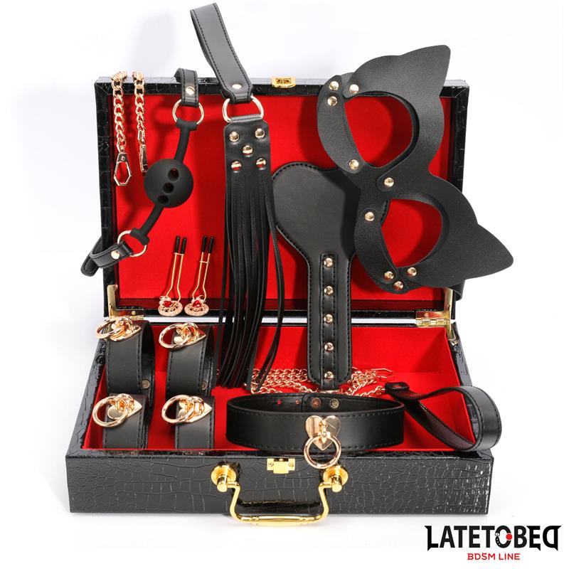 LATETOBED BDSM LINE - 8 PIECE LEATHER BONDAGE KIT WITH STORAGE CASE