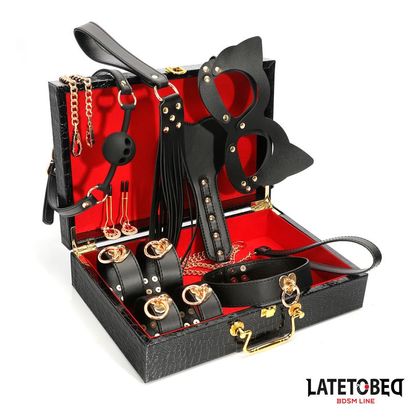 LATETOBED BDSM LINE - 8 PIECE LEATHER BONDAGE KIT WITH STORAGE CASE