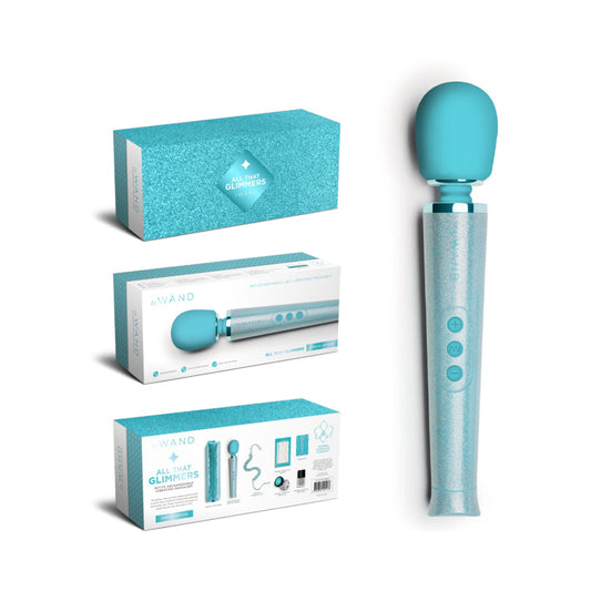 LE WAND - MASAJADOR VIBRATORIO RECARGABLE PETITE ALL THAT GLIMMERS EDICIÓN ESPECIAL CONJUNTO AZUL CLARO