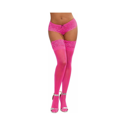 NEON PINK SHEER THIGH-HIGH STOCKINGS WITH SILICONE LACE TOP PINK OS