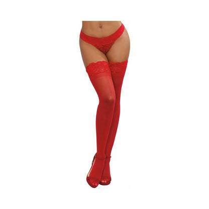 DREAMGIRL SHEER THIGH-HIGH STOCKINGS WITH SILICONE LACE TOP RED OS