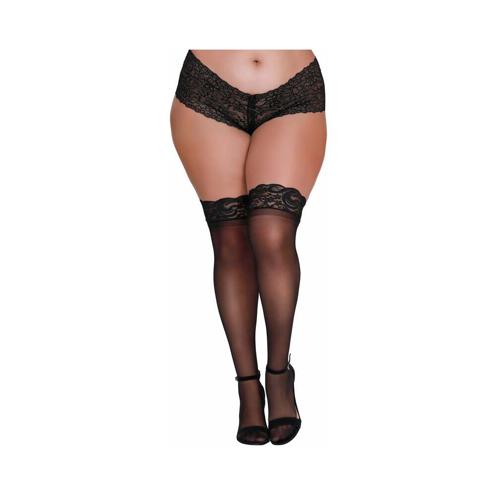 DREAMGIRL PLUS-SIZE SHEER THIGH-HIGH STOCKINGS WITH SILICONE LACE TOP BLACK QUEEN