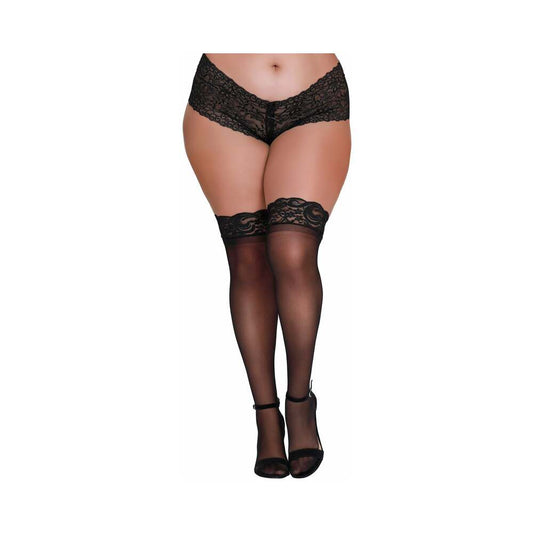 DREAMGIRL PLUS-SIZE SHEER THIGH-HIGH STOCKINGS WITH SILICONE LACE TOP BLACK QUEEN