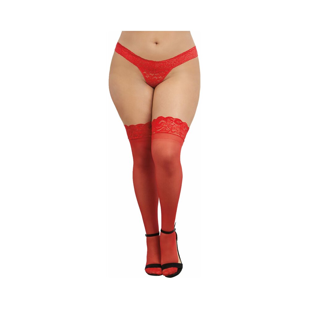 PLUS-SIZE SHEER THIGH-HIGH STOCKINGS WITH SILICONE LACE TOP QUEEN
