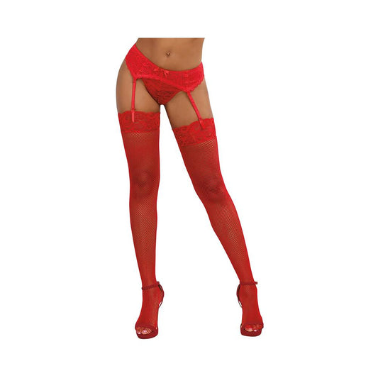 DREAMGIRL FISHNET THIGH-HIGH STOCKINGS WITH LACE TOP RED OS