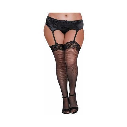 DREAMGIRL PLUS-SIZE FISHNET THIGH-HIGH STOCKINGS WITH LACE TOP BLACK QUEEN