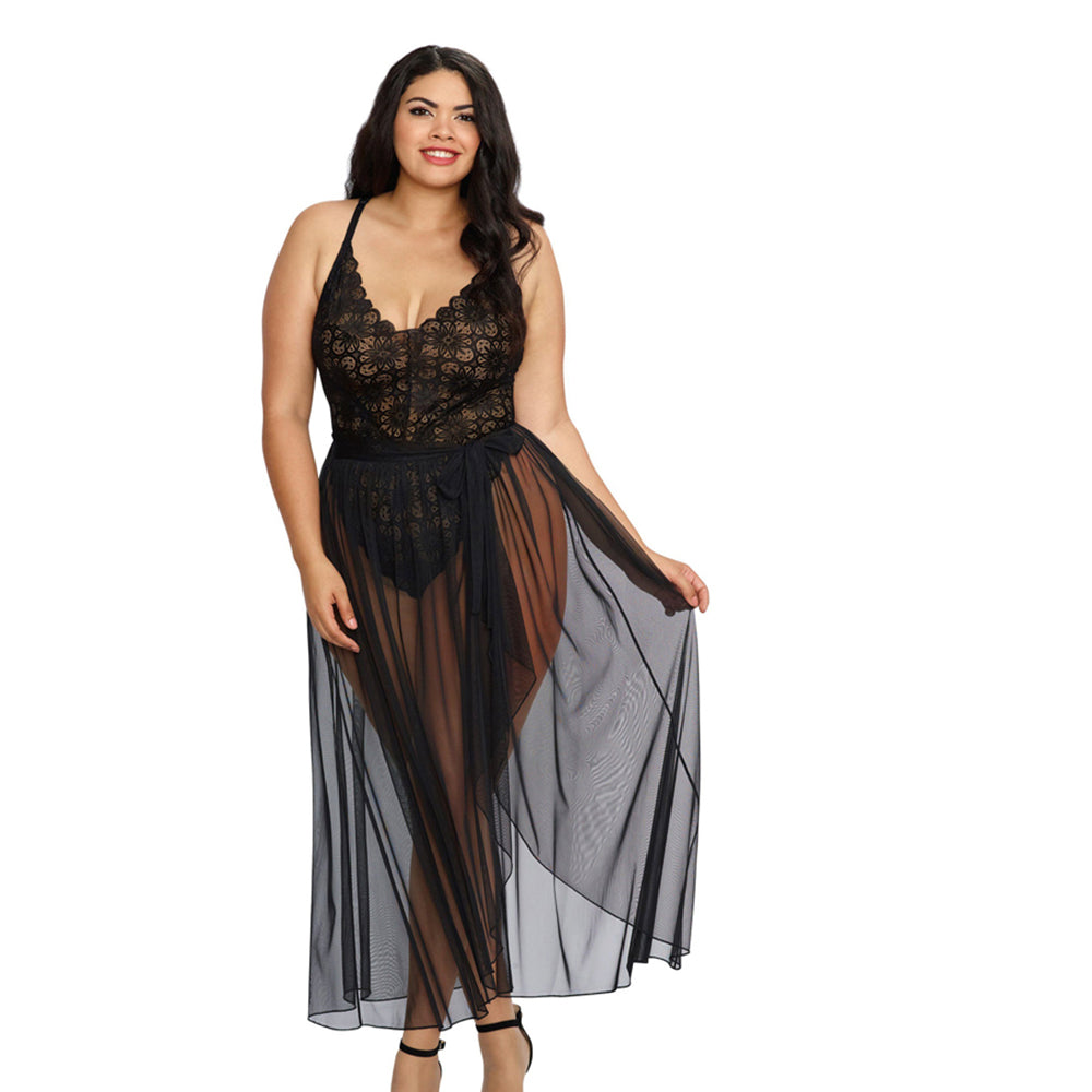 DREAMGIRL TEDDY & SHEER MESH MAXI SKIRT WITH G-STRING BLACK QUEEN 1X HANGING