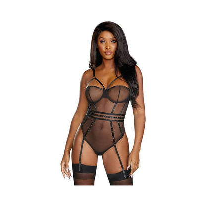 DREAMGIRL SHEER STRETCH MESH SNAP CROTCH TEDDY WITH REMOVABLE GARTERS BLACK SMALL HANGING
