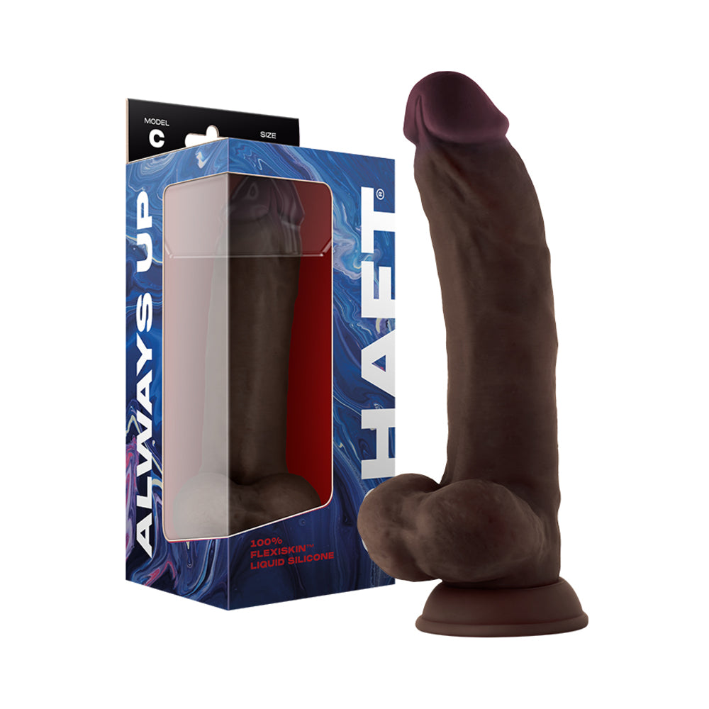 TIGE - MODÈLE C : DILDO EN SILICONE DOUBLE DENSITÉ DE 9,5 POUCES AVEC TESTICULES, ACAJOU