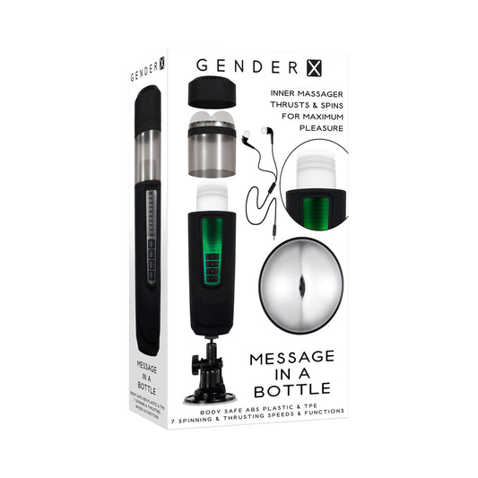 GENDER X MESSAGE IN A BOTTLE RECHARGEABLE THRUSTING SPINNING STROKER WITH SUCTION CUP BASE BLACK
