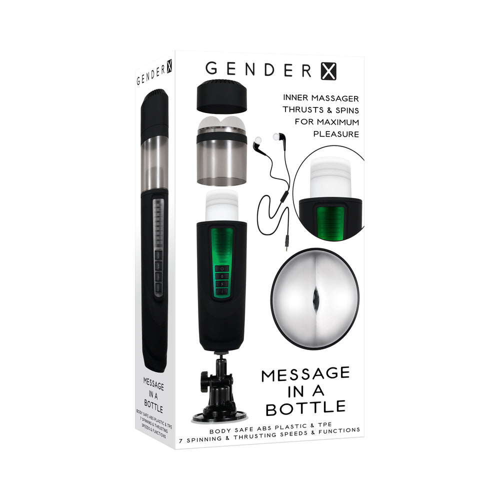 GENDER X - MESSAGE IN A BOTTLE RECHARGEABLE THRUSTING SPINNING STROKER WITH SUCTION CUP BASE BLACK