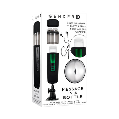 GENDER X - MESSAGE IN A BOTTLE RECHARGEABLE THRUSTING SPINNING STROKER WITH SUCTION CUP BASE BLACK