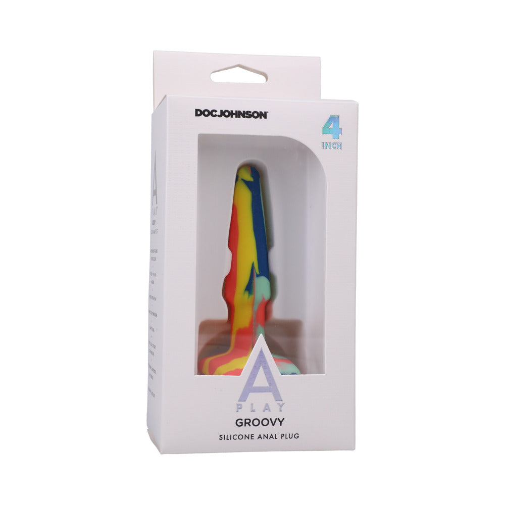 DOC JOHNSON - A-PLAY GROOVY SILICONE ANAL PLUG 4 IN. MULTI-COLORED, YELLOW