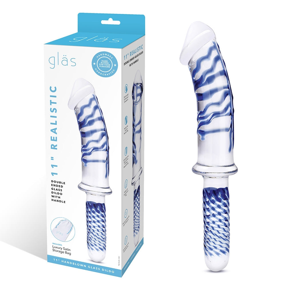 GLAS 11 IN. REALISTIC DOUBLE ENDED GLASS DILDO WITH HANDLE