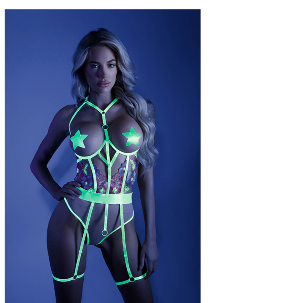 GLOW IN A TRANCE OPEN-CUP CROTCHLESS TEDDY NEON CHARTREUSE L/XL
