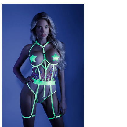 GLOW IN A TRANCE OPEN-CUP CROTCHLESS TEDDY NEON CHARTREUSE L/XL