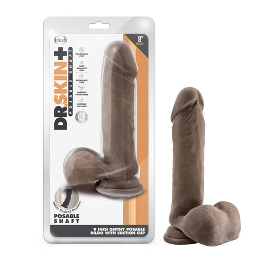 DR. SKIN PLUS THICK 9 IN. TRIPLE DENSITY POSABLE DILDO WITH BALLS BROWN