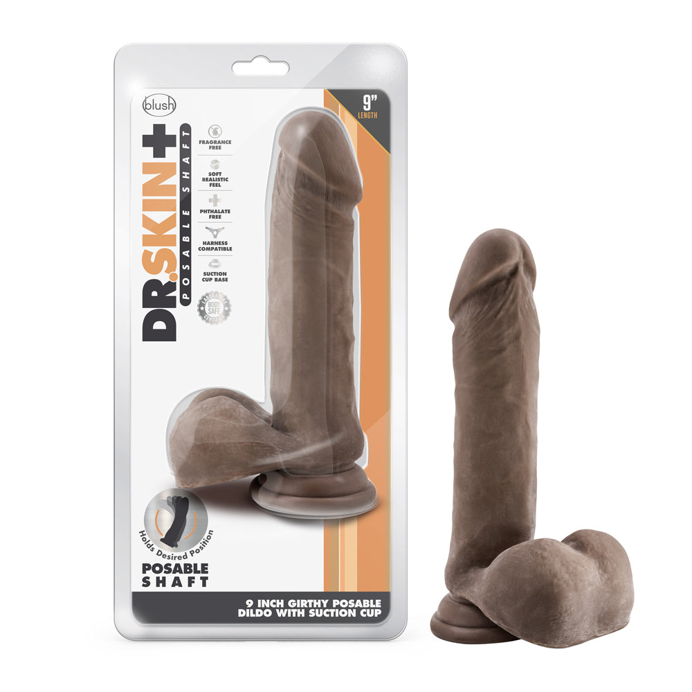DR. SKIN PLUS THICK 9 IN. TRIPLE DENSITY POSABLE DILDO WITH BALLS BROWN