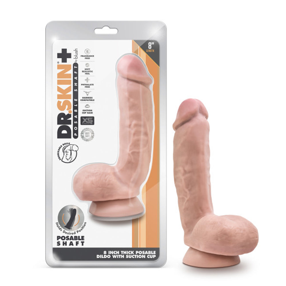 DR. SKIN PLUS THICK 8 IN. TRIPLE DENSITY POSABLE DILDO WITH BALLS BEIGE