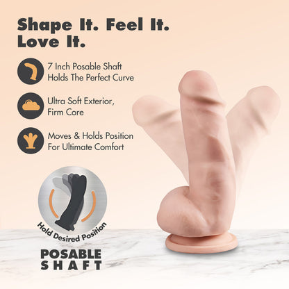 DR. SKIN PLUS GIRTHY 7 IN. TRIPLE DENSITY POSABLE DILDO WITH BALLS BEIGE