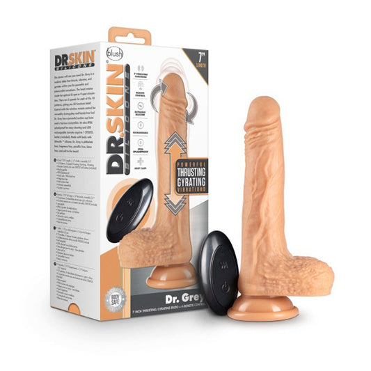DR. SKIN DR. GREY REMOTE-CONTROLLED 7 IN. THUMPING DILDO WITH BALLS BEIGE
