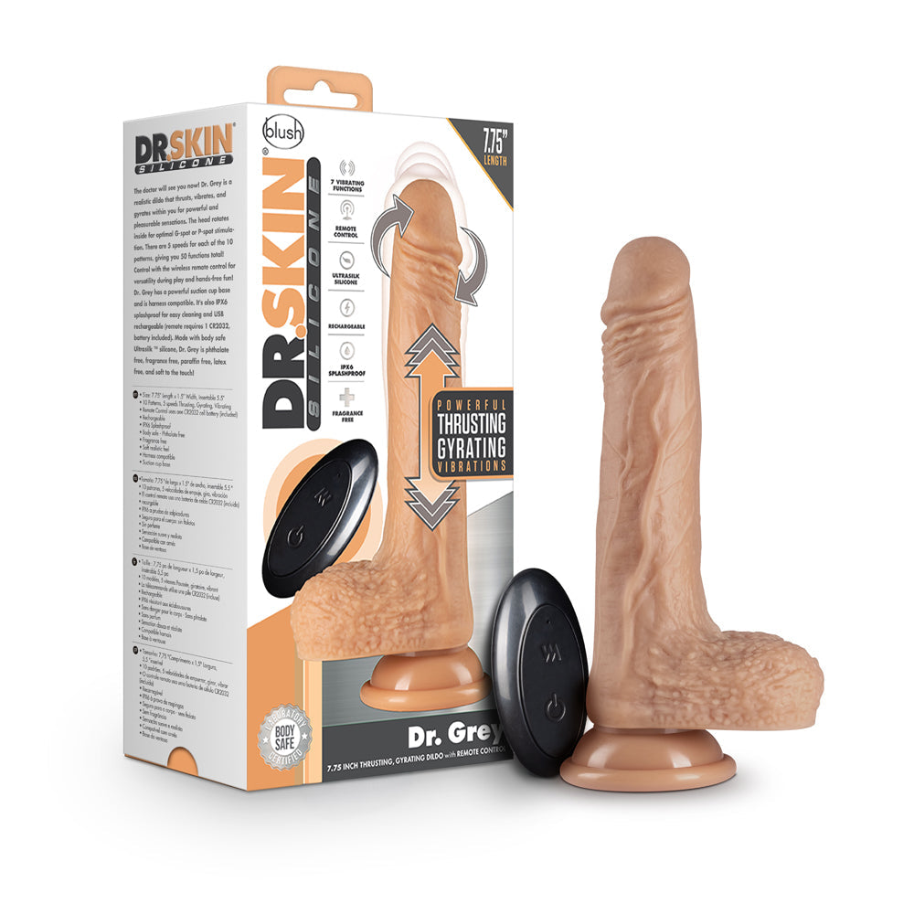 DR. SKIN SILICONE DR. GREY 7.75 IN. THRUSTING & GYRATING DILDO WITH REMOTE CONTROL BEIGE